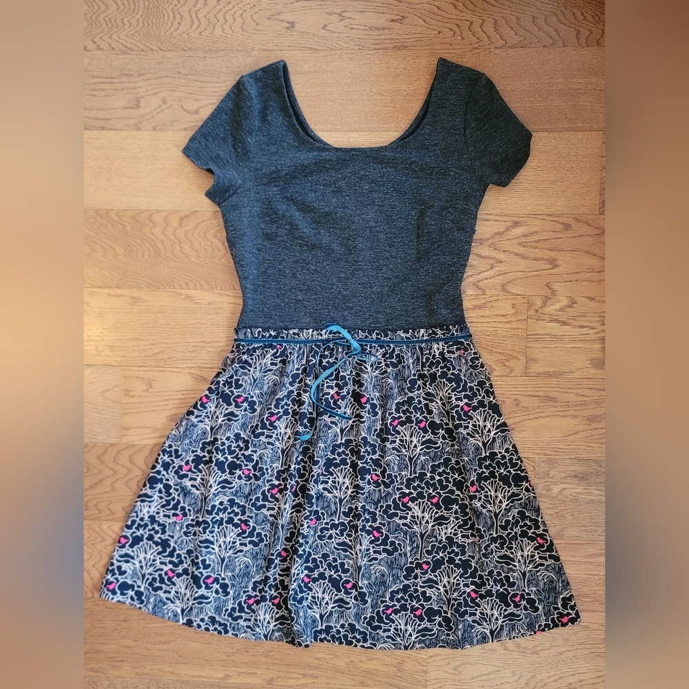 Maison Jules Dress Navy Gray Pink Bird Print Size Medium